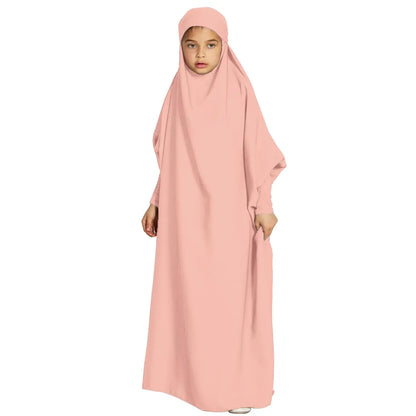 Abaya Muslim Girls Dress Islamic Prayer Dress For Kid Girls Muslim Jilbabs Muslin Thoub Isdal Jilbab For Muslim Girl One Piece Ramadan Abayas For Kid Dubai Eid Dresses Peach Pink Kids 12-13 Years